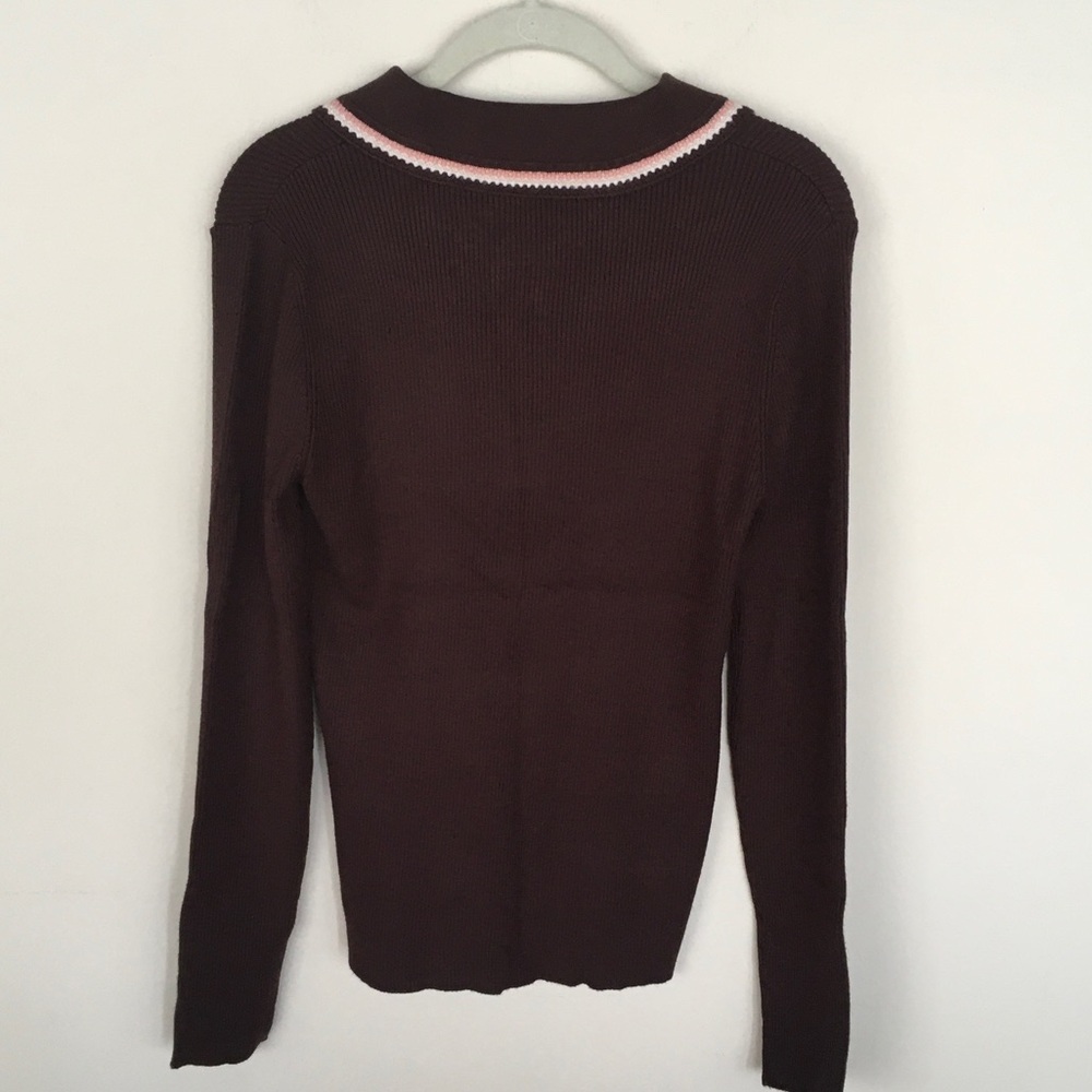 Long-Sleeve Ribbed Polo Top with Contrast Collar - Brown - Picture 5 of 6